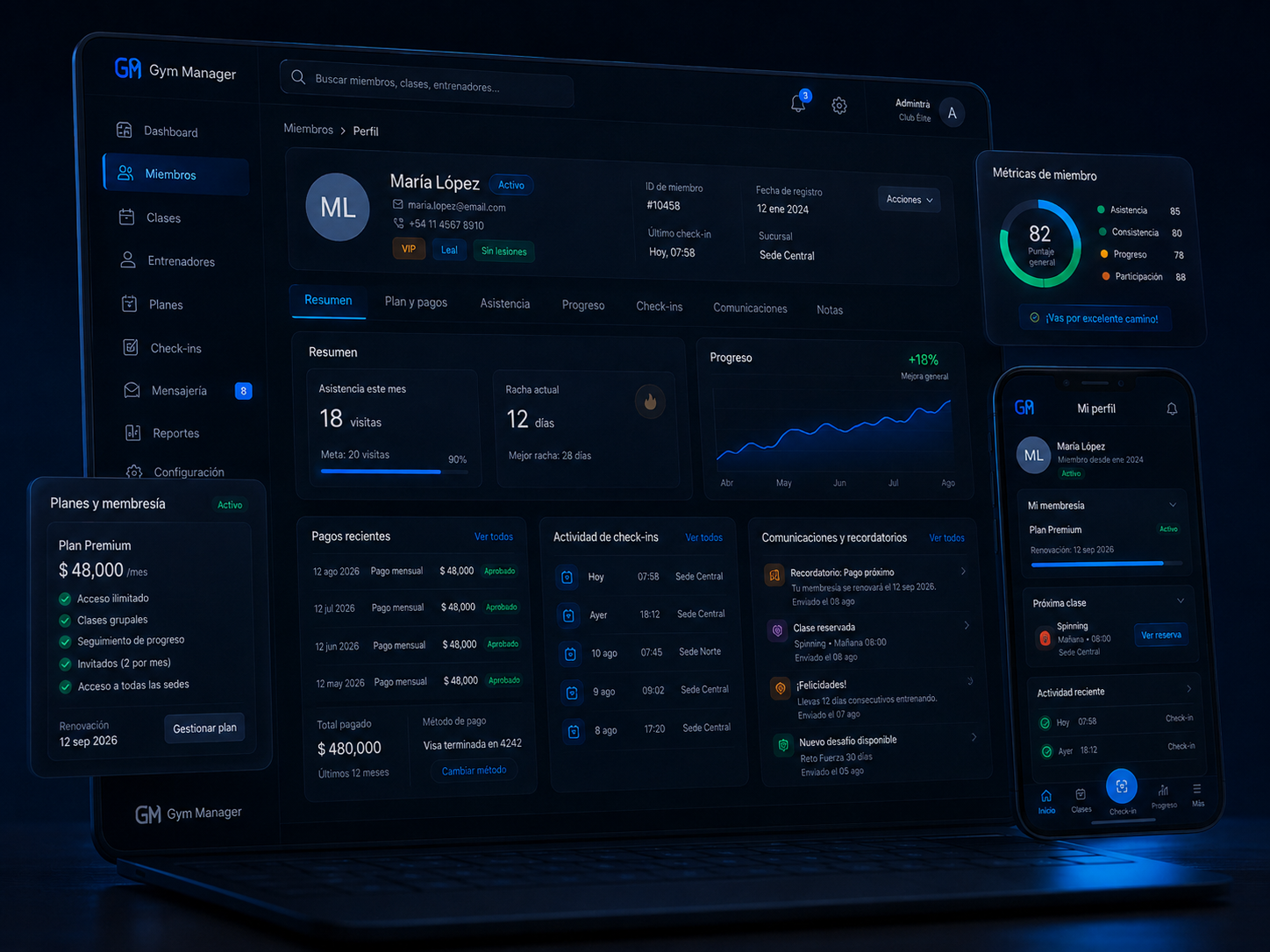 Gym Manager — dashboard general con alumnos, check-ins, clases y métricas